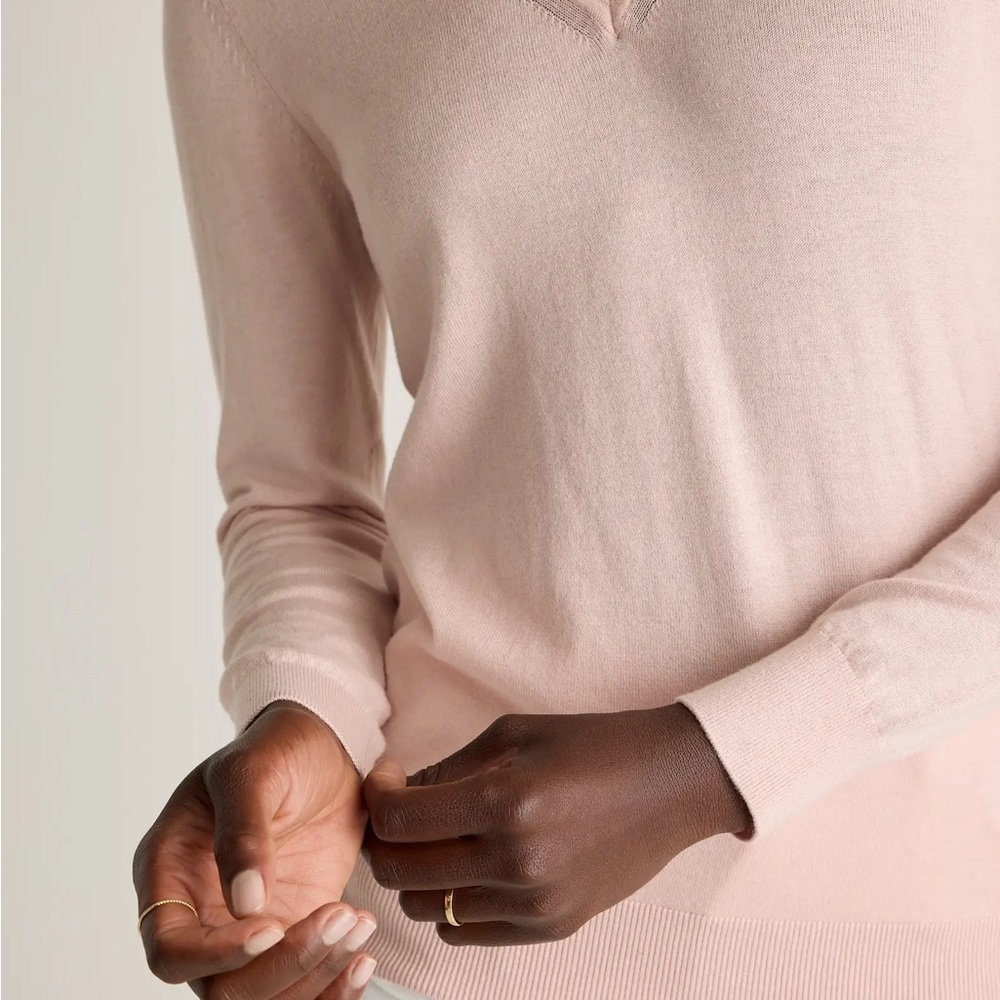 Quince Lightweight Cotton Cashmere V-Neck Sweater in Sugar Stone - Picture 6 of 11